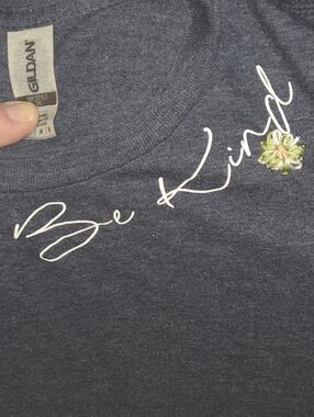 Gildan Navy Tee with White 'Be Kind' Script and Green/Gold Floral Accent